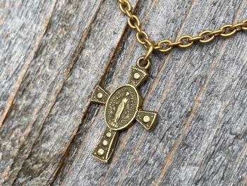 Antique Gold Miraculous Medal Cross Pendant Necklace, Antique Replica, Our Lady of Miracles, Our Lady of the Miracle, Blessed Virgin Mary