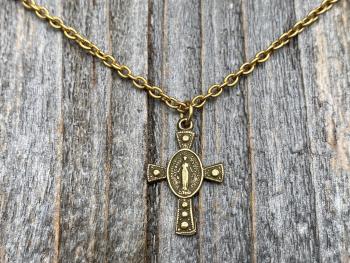 Antique Gold Miraculous Medal Cross Pendant Necklace, Antique Replica, Our Lady of Miracles, Our Lady of the Miracle, Blessed Virgin Mary