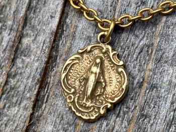 Antique Gold Small Miraculous Medal Pendant Necklace, Antique Replica, Art Nouveau, Our Lady of Grace, Blessed Virgin Mary Medal Pendant MM3