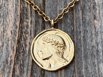 Gold Crowned Jesus Medal Pendant and Chain Necklace, French Antique Replica, By Augis and Mazzoni, Lord Jesus Christ, Rare French Medal