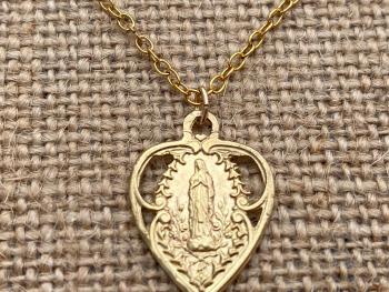 Gold Our Lady of Lourdes Heart Medal Pendant Necklace, Antique Replica of Lourdes Souvenir, Immaculate Conception, Blessed Virgin Mary Medal