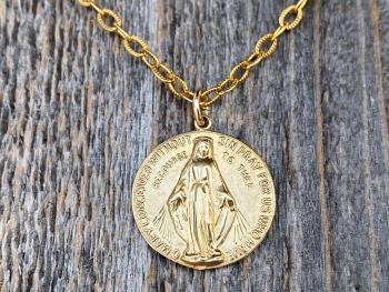 Gold Round Miraculous Medal Pendant, Antique Replica, On Heavier Textured Cable Chain Necklace, Immaculate Blessed Virgin Mary Pendant, MM2