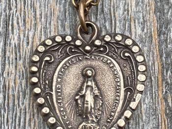 Bronze Miraculous Medal Pendant Necklace, Heart Shaped Miraculous Medal, Antique Replica, Rare Medal minted 1930 Centennial, Virgin Mary M4