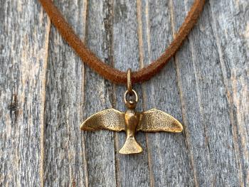 Bronze Holy Spirit Flying Dove Pendant on Suede Lace Leather, Antique Replica, Adjustable Bronze Slider Bead, Adjustable Length Necklace