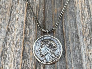 Sterling Silver Crowned Jesus Medal Pendant Necklace, French Antique Replica, Artists Augis and Mazzoni, Jesus Christ Pendant from France