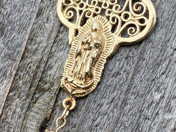 Gold Our Lady of Guadalupe Necklace with a Freshwater White Pearl Dangle, Antique Replica, Nuestra Señora de Guadalupe, Virgin of Guadalupe