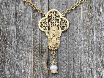 Gold Our Lady of Guadalupe Necklace with a Freshwater White Pearl Dangle, Antique Replica, Nuestra Señora de Guadalupe, Virgin of Guadalupe