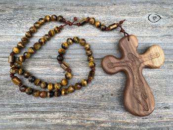 Large Walnut Palm Cross and Yellow Tigereye Gemstone Rosary,  Hand-carved byRon PalmCross Crucifix, Big Comfort Cross Rosary, Couples Rosary