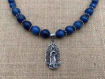 Sterling Silver Our Lady of Guadalupe Pendant, Antique Replica Medal, Grade AAA Dumortierite Gemstone Necklace, Nuestra Señora de Guadalupe