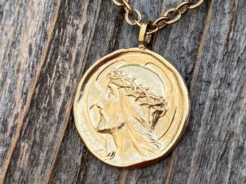 Gold Crowned Jesus Medal Pendant and Chain Necklace, French Antique Replica, By Augis and Mazzoni, Lord Jesus Christ, Rare French Medal