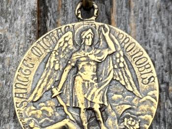 Antique Gold St Michael Medal Pendant Necklace, Rare French Antique Replica, Artist Louis Tricard, Ora Pro Nobis, Saint Michael Pray for Us