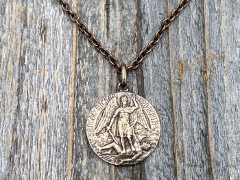 Bronze St Michael Medal Pendant Necklace, Rare French Antique Replica, Artist Tricard, Sancte Michael Ora Pro Nobis, St Michael Pray for Us