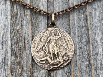 Bronze St Michael Medal Pendant Necklace, Rare French Antique Replica, Artist Tricard, Sancte Michael Ora Pro Nobis, St Michael Pray for Us