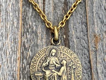 Antique Gold St Anne Medal Pendant Necklace, Antique Replica, French Artist Louis Tricard, Holy Anna Ora Pro Nobis, Saint Anne Pray for Us