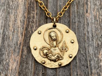 Large Gold Mary and Baby Jesus Medal Pendant Necklace, French Artist Elie Pellegrin, French Antique Replica, Fleur de Lis, Blessed Mother