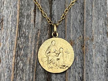 Gold Saint Anne Medal Pendant Necklace, French Antique Replica, Artist Tricard, Patron Saint of Grandmothers, St Anne Medallion, Gold Bronze