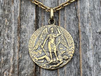 Antique Gold St Michael Medal Pendant Necklace, Rare French Antique Replica, Artist Louis Tricard, Ora Pro Nobis, Saint Michael Pray for Us