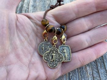 Leather Loop with Yellow Tigereye Gemstones and Lobster Clasps to Attach Antique Gold Medals, Crosses and Crucifixes, Keychain for Medals