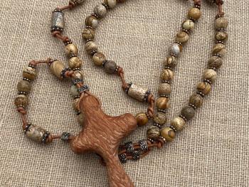 Large Rosary, Australian Lacewood Comfort Cross, Palm Cross, Bronze Beads, Picture Jasper Gemstones, Oversized Rosary, Wall Rosary, Heirloom