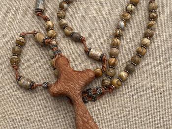 Large Rosary, Australian Lacewood Comfort Cross, Palm Cross, Bronze Beads, Picture Jasper Gemstones, Oversized Rosary, Wall Rosary, Heirloom