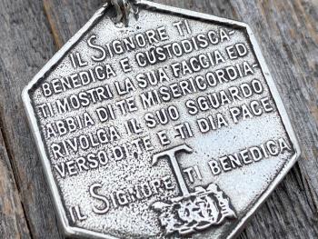 Large Sterling Silver Saint Francis of Assisi Blessing Prayer Medal, Italian Antique Replica, Pendant Necklace, Hexagon-Shaped Big Medal 925