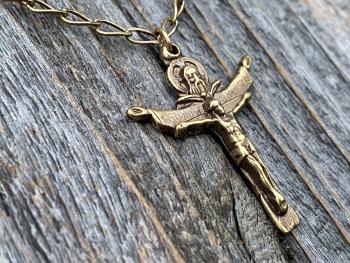 Antique Gold Trinity Crucifix Pendant and Necklace, Antique Replica, Father Son and Holy Spirit 3-in-1 Crucifix, Latin "A HERI HODIE SEMPER"