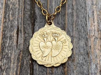 Gold Sacred Heart of Jesus and Immaculate Heart of Mary Medal Pendant Necklace, Antique Replica, Twin Hearts Medal Pendant, Catholic Medal