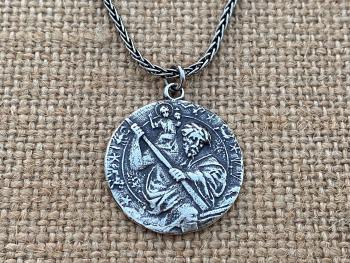 Sterling Silver St. Saint Christopher Medal on Wheat Chain Necklace, Antique Replica, Patron Saint of Travelers, Saint of Safe Travels