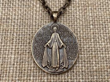 Bronze French Miraculous Medal Pendant, Adjustable Length Necklace, Antique Replica, Blessed Virgin Mary Medal,  Medallion from France, MM1