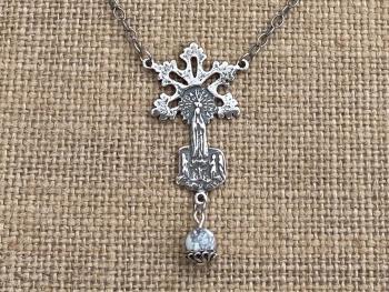 Sterling Silver Our Lady of Fatima Pendant Necklace, Antique Replica, Dangling White Howlite Gemstone, Blessed Virgin Mary Medal, Artisan