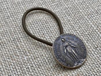 Bronze Miraculous Medal, Antique Replica, Pony Tail Button, Pony Tail Holder, Band, Elastics, Hair Accessory, Our Lady of the Miracle, Mary
