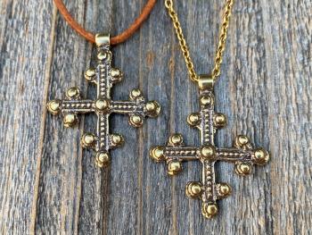 Antique Gold Coptic Trinity Cross Pendant, Gold Chain or Leather Cord Necklace, Antique Replica from 19th C, Large Christian Cross Pendant