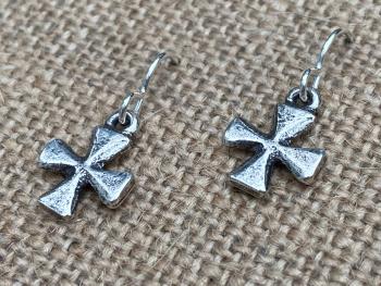 Sterling Silver Small Cross Earrings, Dangling Crosses on French Hooks, African Antique Replicas, Petite Cross Earrings, Confirmation Gift