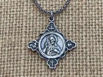 Sterling Silver Sacred Heart of Jesus Medal Cross Pendant, Faith Hope & Love Symbols, Antique Replica, .925 Sterling Silver Wheat Necklace