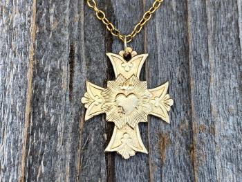 Gold Most Sacred Heart of Jesus Cross Medal Pendant Necklace, Antique Replica, Sacred Heart Devotion, Consecration to the Sacred Heart, Gift