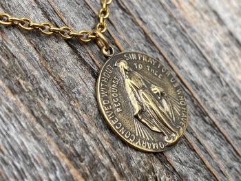 Antique Gold Round Miraculous Medal Pendant Necklace, Antique Replica, Miraculous Medallion, Blessed Virgin Mary Pendant, Lady of Grace, MM2