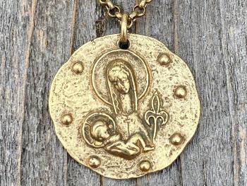 Antique Gold Large Mother Mary and Baby Jesus Fleur de Lis Pendant, French Antique Replica Medal, Rolo Chain Necklace, Artist Elie Pellegrin