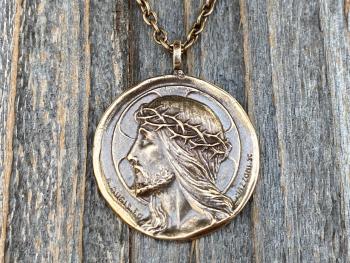 Bronze Crowned Jesus Medal and Necklace, French Antique Replica, Artists Augis and Mazzoni, Rare Jesus Pendant, Jesus Christ Crowned King