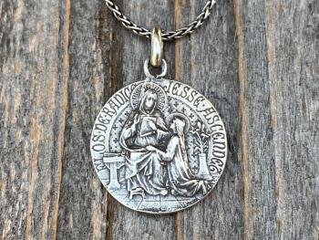 Sterling Silver St Anne Medal Pendant Necklace, French Artist Tricard, Antique Replica, Grandmother of Jesus, Patron Saint of Grandmothers