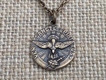 Bronze Dove Holy Spirit Medal Pendant Necklace, Antique Replica, Come Holy Ghost Pendant, Sacred Heart of Jesus, Veni Sancte Spiritus VSS-1