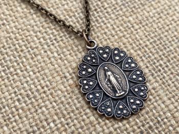 Bronze Miraculous Medal Pendant Necklace, Heart Border, Antique Replica, Blessed Virgin Mary Medallion, Immaculate Virgin Mary Pendant, MM5