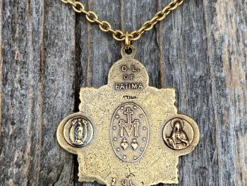 Antique Gold Miraculous Medal Pendant Necklace, 5-Way Marian Devotions Medallion, Antique Replica, Rare Blessed Virgin Mary Miraculous