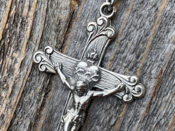 Sterling Silver Sacred Heart of Jesus Crucifix, Pendant Necklace, Antique Replica, Large Sterling Silver Crucifix, Big Sacred Heart Pendant