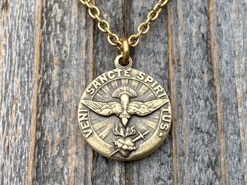 Antique Gold Come Holy Spirit Medal, Holy Ghost Pendant Necklace, Antique Replica, Sacred Heart of Jesus, Veni Sancte Spiritus Medal, VSS-1