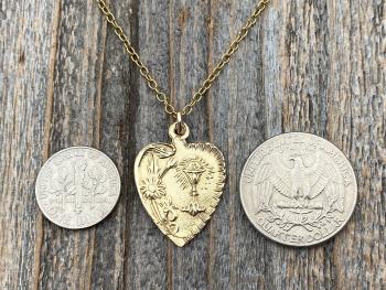 Gold First Communion Heart Pendant Necklace, Antique Replica French Medal, Chalice Flowers, Art Nouveau Medal, Holy Eucharist Heart Gift