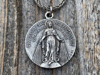 Sterling Silver Large French Miraculous Medallion, Antique Replica, Big Round Miraculous Medal, Miraculous Pendant Necklace, by OBC, France