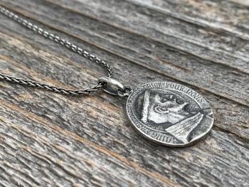 Sterling Silver St Francis of Assisi Medal Pendant Necklace, French Antique Replica, By L. Tricard, Saint Francois D'Assise Priez Pour Nous