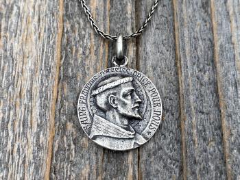 Sterling Silver St Francis of Assisi Medal Pendant Necklace, French Antique Replica, By L. Tricard, Saint Francois D'Assise Priez Pour Nous