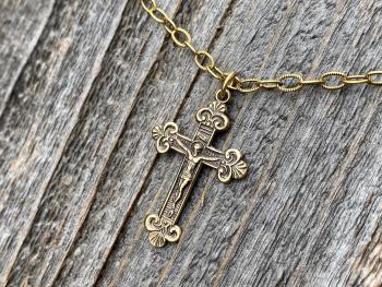 Antique Gold Small Crucifix Pendant Necklace, Antique Replica, Historic Reproduction, Petite Crucifix on a Textured Cable Chain Necklace