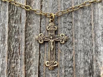 Antique Gold Small Crucifix Pendant Necklace, Antique Replica, Historic Reproduction, Petite Crucifix on a Textured Cable Chain Necklace